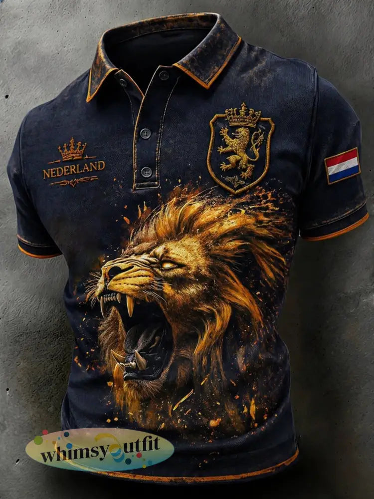 Herenpolo in vintagestijl met verweerd effect en leeuwenmotief