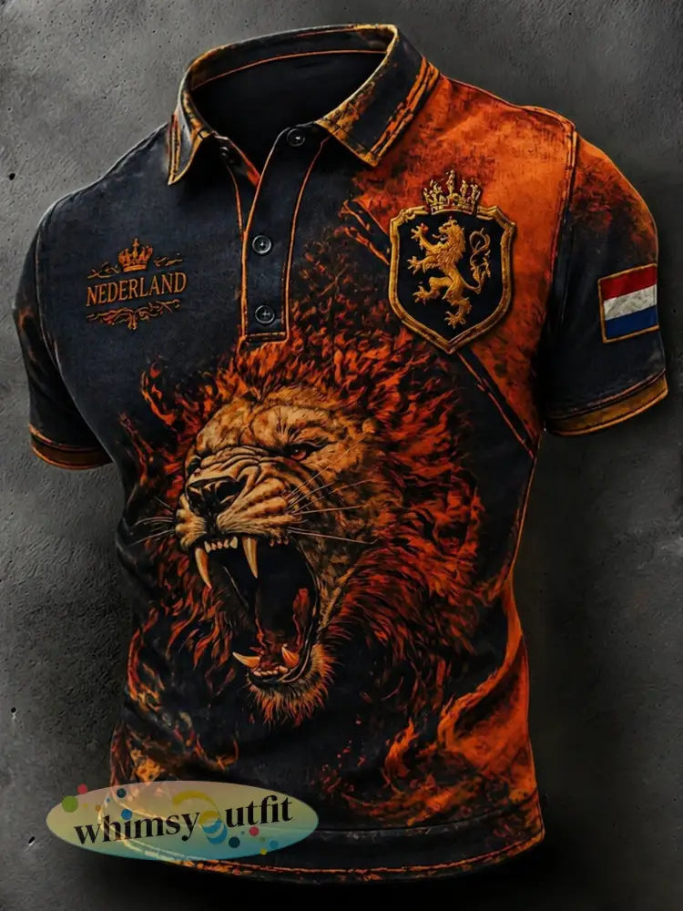 Herenpolo in vintagestijl met verweerd effect en leeuwenmotief - A / S