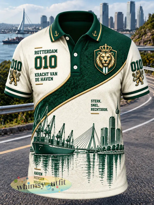 Herenpolo met architectonische patchworkprint uit Rotterdam in Holland-stijl voor vrijetijdssport - Beige / S