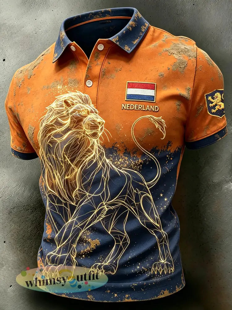 Herenpolo met artprint van een goudkleurige leeuw in verweerde stijl - A / S