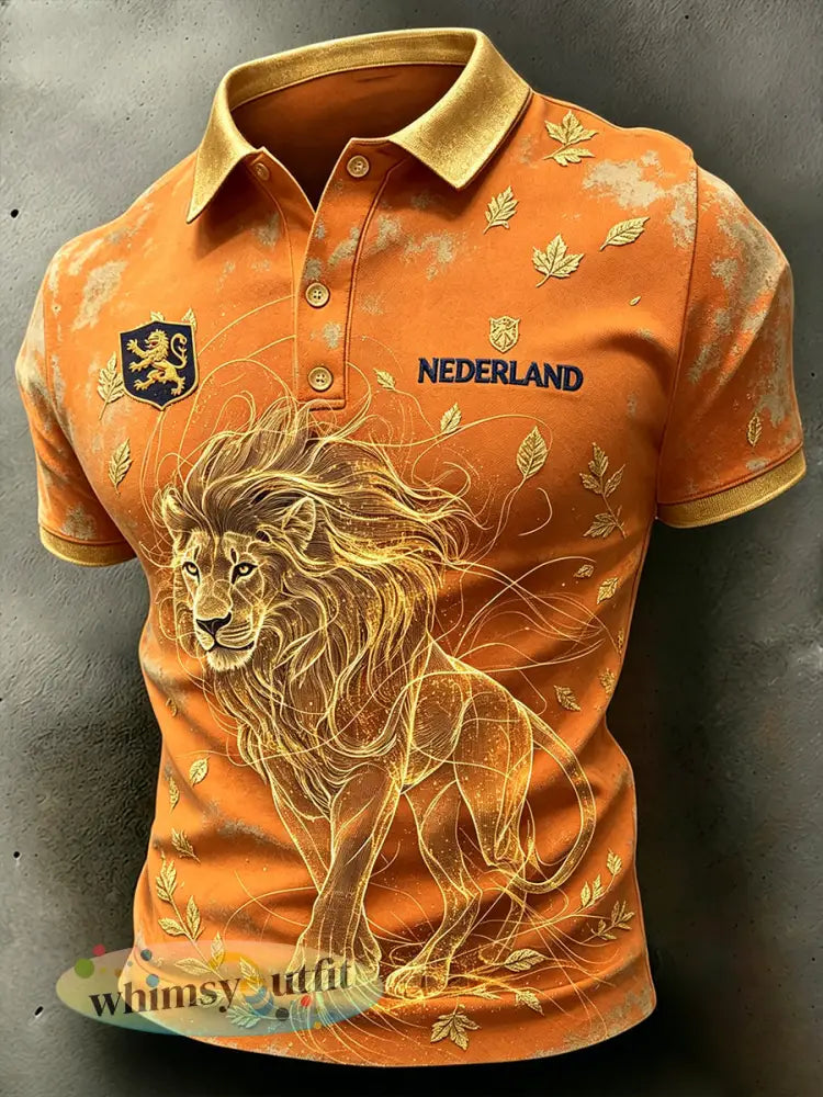 Herenpolo met artprint van een goudkleurige leeuw in verweerde stijl - A / S