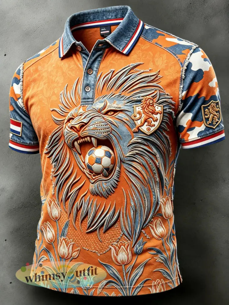 Herenpolo met camouflagepatchworkprint en Nederlandse leeuw casual model - Sinaasappel / S