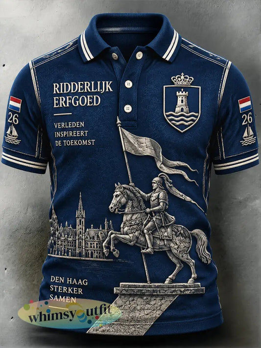 Herenpolo met casual print van de stad Den Haag en een riddermotief uit Nederland - Diep Blauw / S