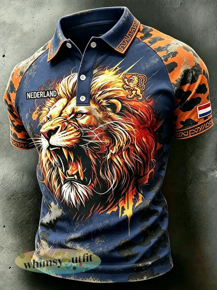 Herenpolo met gerafelde camouflageprint en leeuwenmotief raglanmouwen - A / S