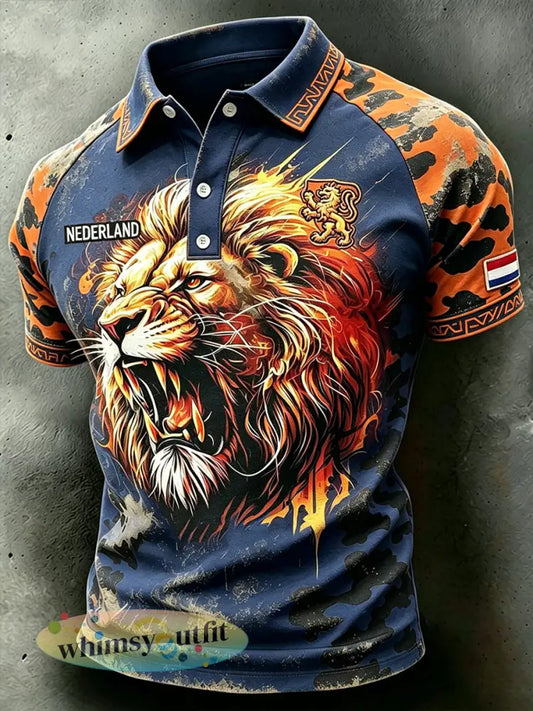 Herenpolo met gerafelde camouflageprint en leeuwenmotief raglanmouwen - A / S
