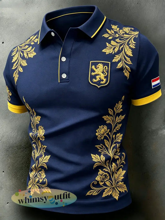 Herenpolo met goudgevlokt leeuwenmotiefprint - A / S