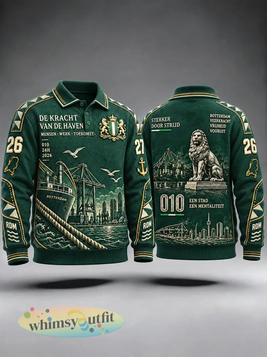 Herenpolo met groene Hollandse Rotterdam-print patchworkstijl casual en lange mouwen - Groen / S