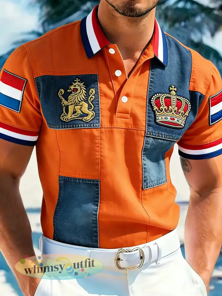Herenpolo met herdenkingsprint in patchworkstijl voor de Nederlandse Koningsdag - A / S