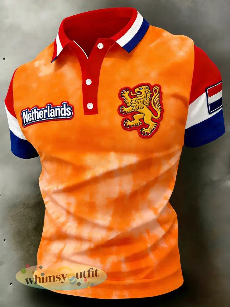 Herenpolo met herdenkingsprint in patchworkstijl voor de Nederlandse Koningsdag - A / S