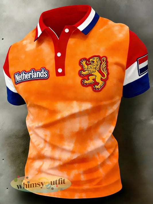 Herenpolo met herdenkingsprint in patchworkstijl voor de Nederlandse Koningsdag - A / S