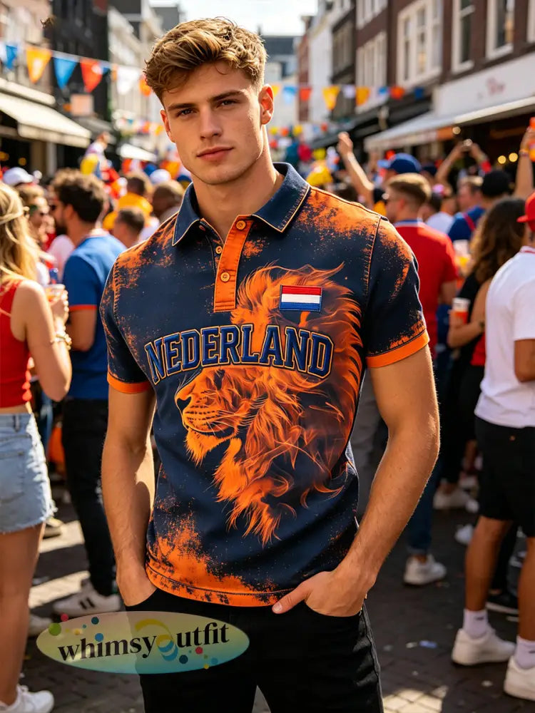 Herenpolo met korte mouwen en print met Koningsdag-thema