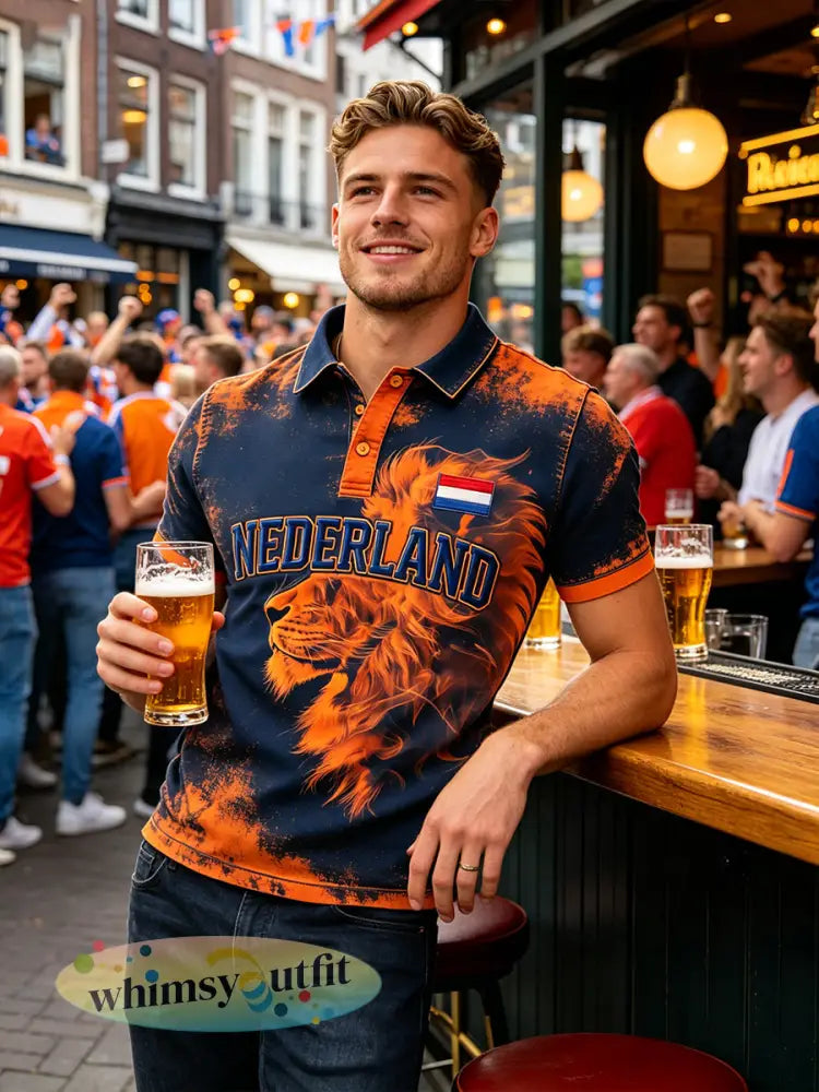 Herenpolo met korte mouwen en print met Koningsdag-thema