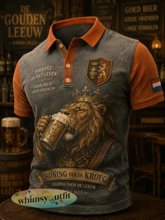 Herenpolo met korte mouwen en retroafbeelding van een leeuw in een taverne - A / S