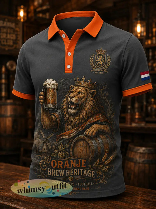 Herenpolo met korte mouwen en retroafbeelding van een leeuw in een taverne - A / S
