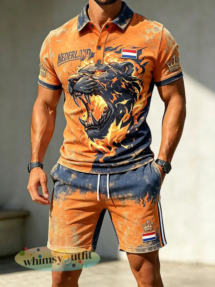 Herenpolo met korte mouwen en shortsset met Koningsdag-thema - A / S