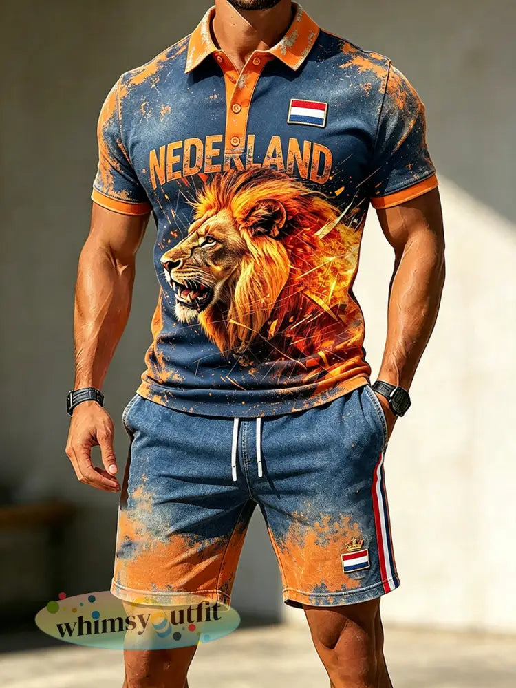 Herenpolo met korte mouwen en shortsset met Koningsdag-thema - A / S