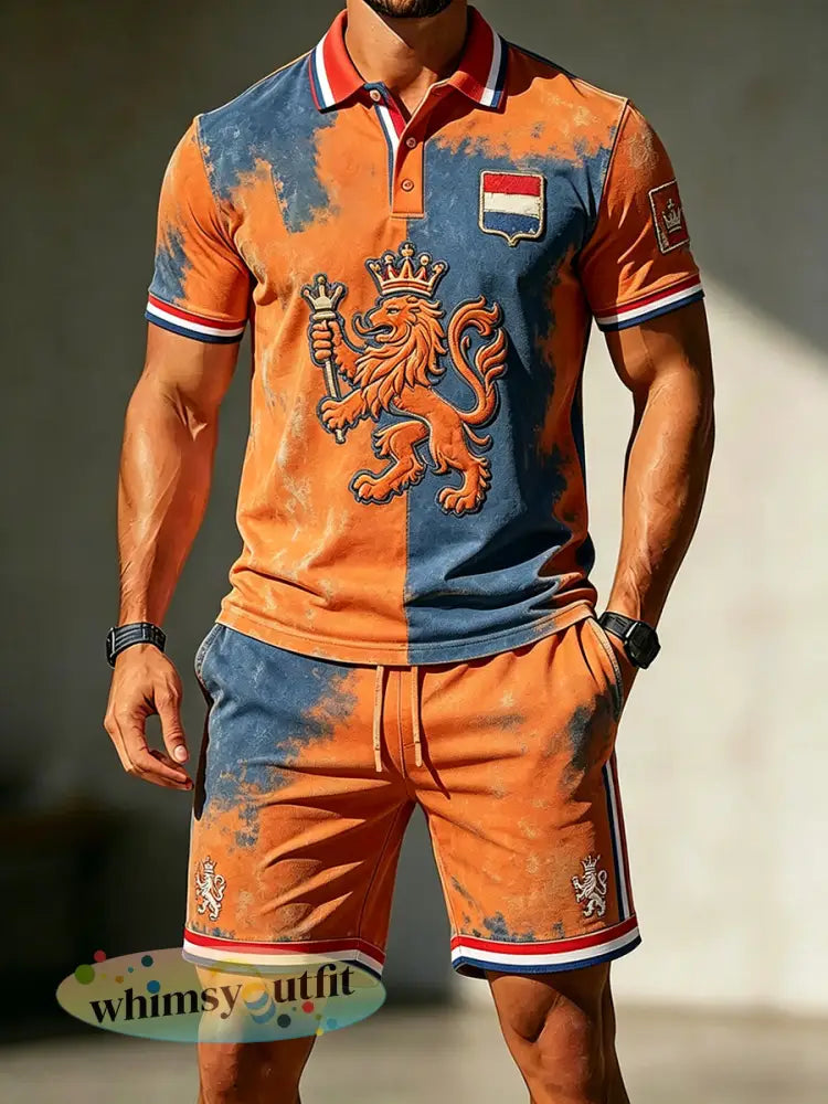 Herenpolo met korte mouwen en shortsset met Koningsdag-thema - A / S