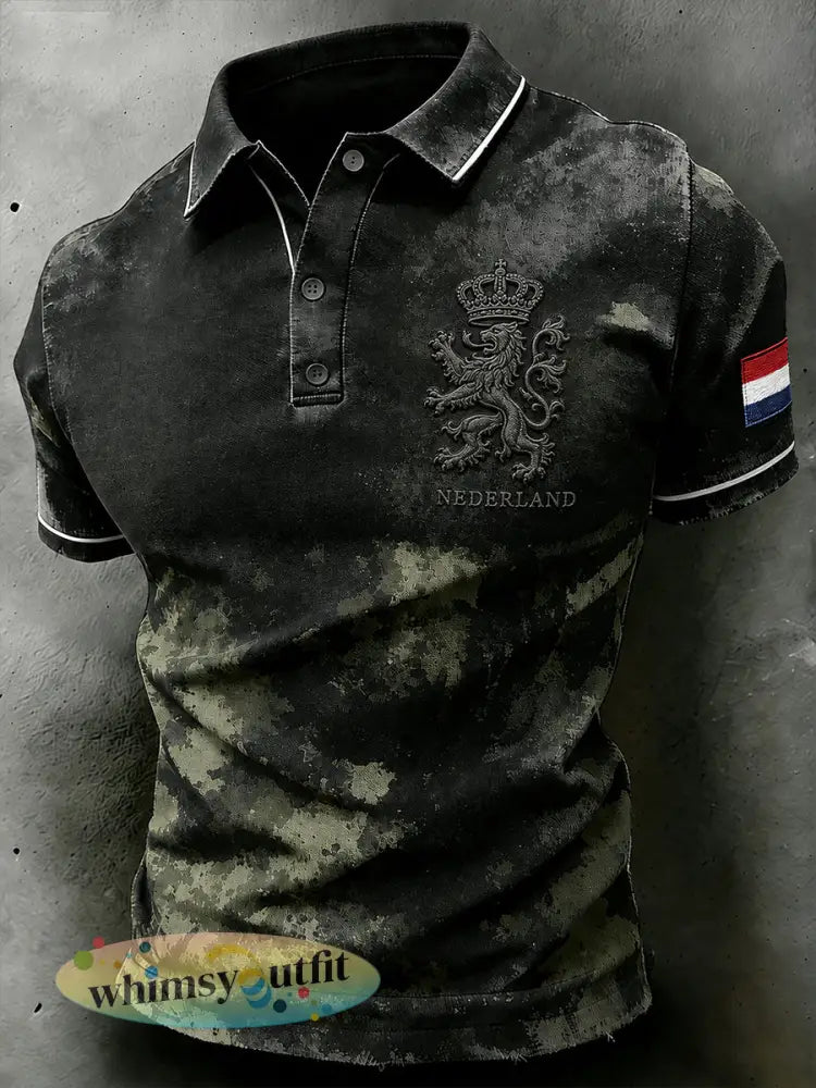 Herenpolo met korte mouwen in retrocamouflagestijl en militair motief - A / S