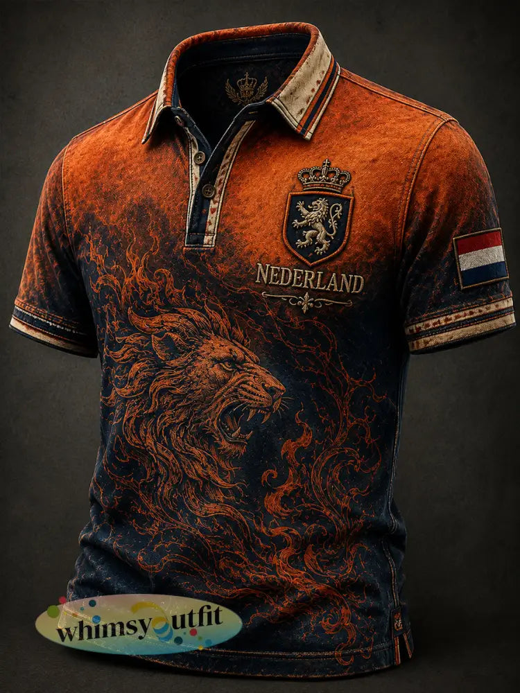 Herenpolo met korte mouwen in retrostijl versleten look leeuwenprint - A / S