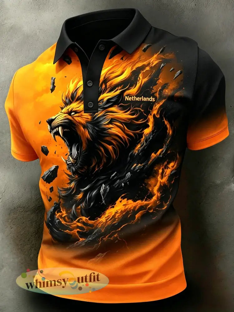Herenpolo met kunstprint met voetbalthema en Nederlandse leeuw - A / S