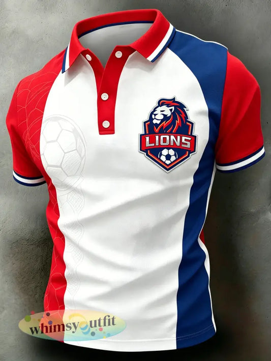 Herenpolo met kunstprint met voetbalthema en Nederlandse leeuw - A / S