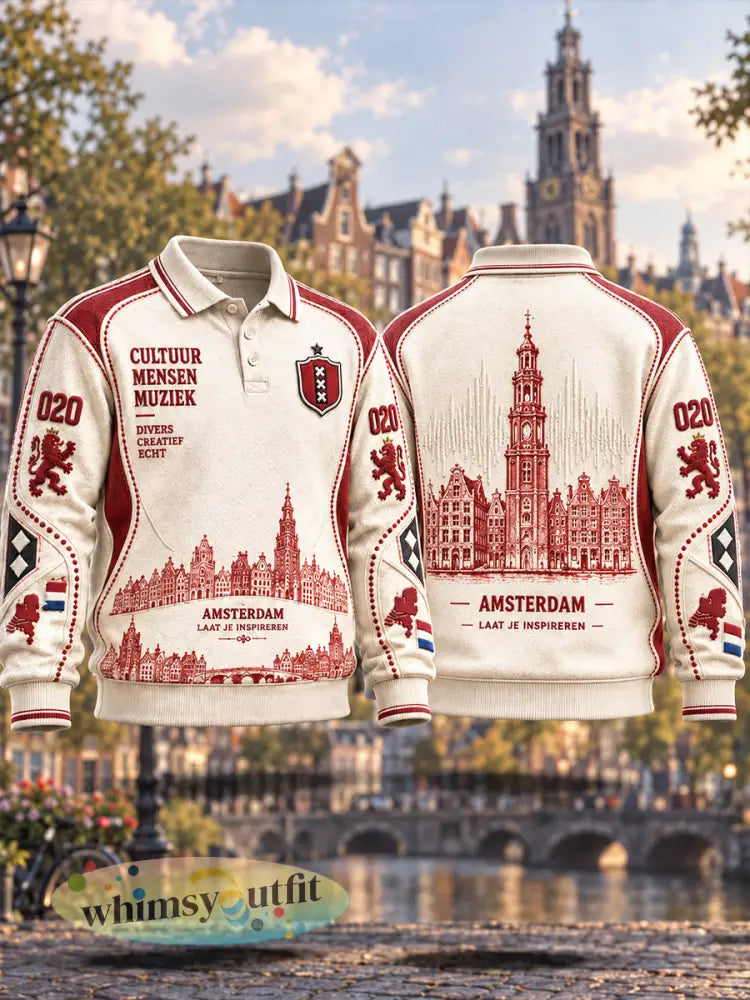 Herenpolo met lange mouwen en Amsterdam-stadspatroon casual Off-White - Beige / S