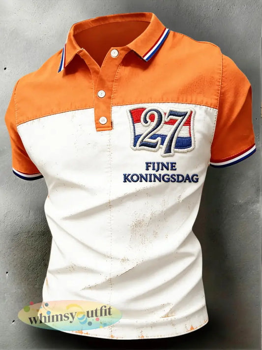 Herenpolo met patchworkprint in vintagestijl voor Koningsdag - Oranje wit / S