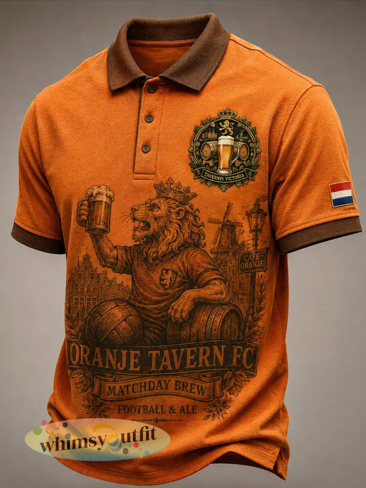 Herenpolo met retro leeuwen- en bierprint casual korte mouwen - A / S