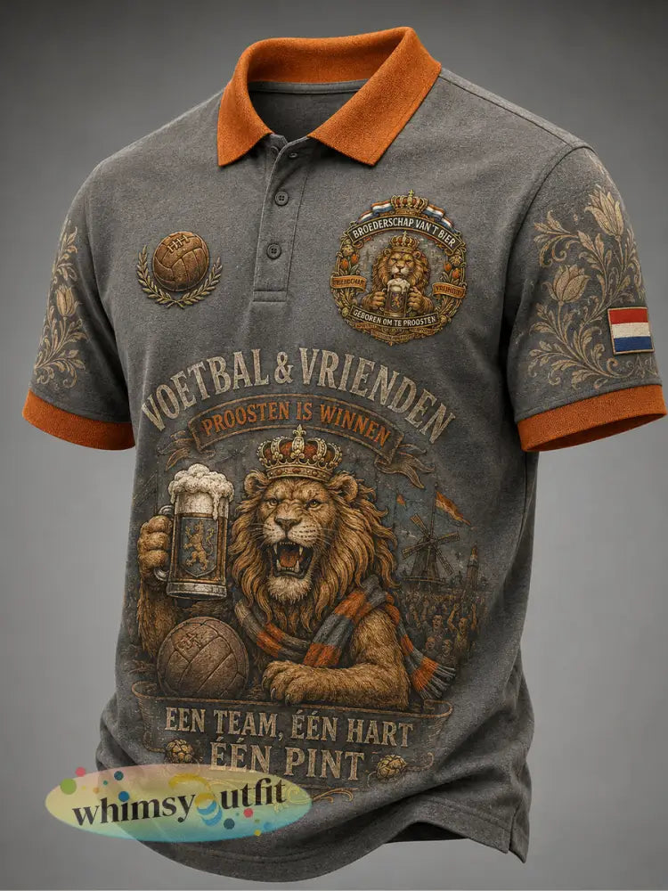 Herenpolo met retro leeuwen- en bierprint casual korte mouwen - A / S