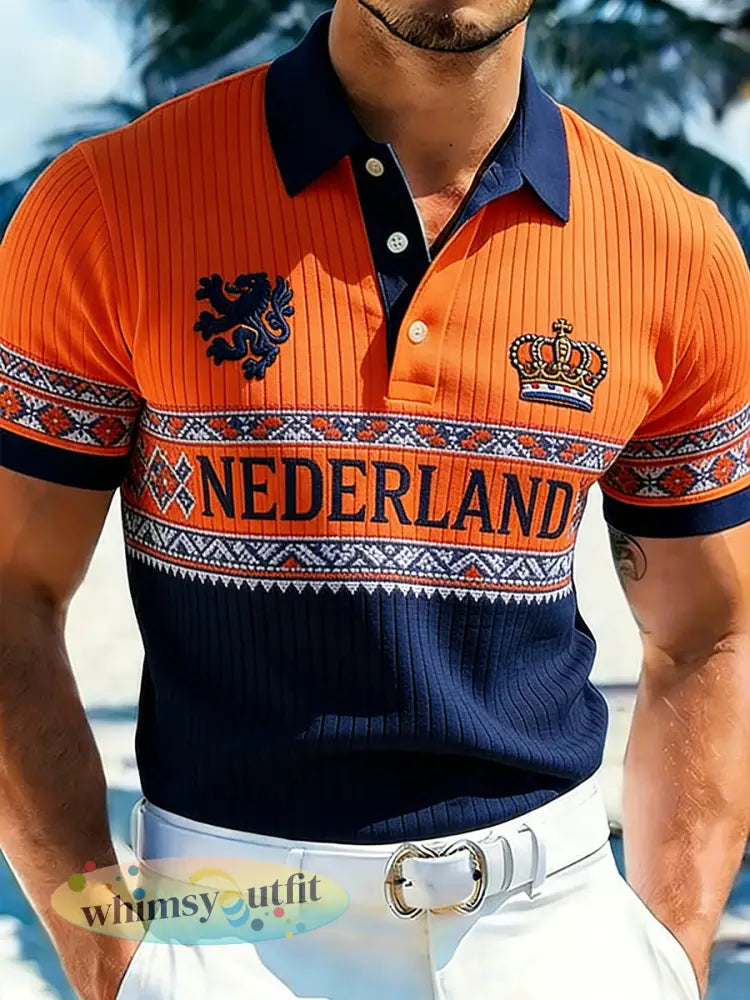 Herenpolo met ribgebreide stof en Koningsdagprint - A / S