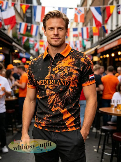 Herenpolo met slijtage-effect en leeuwenprint