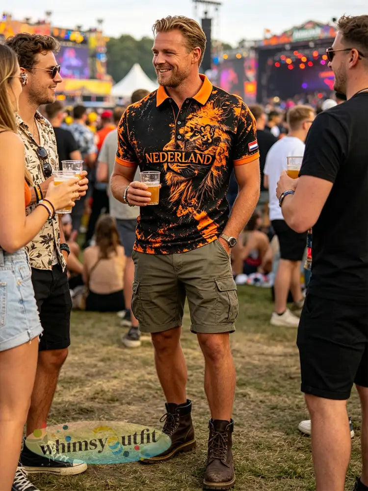 Herenpolo met slijtage-effect en leeuwenprint