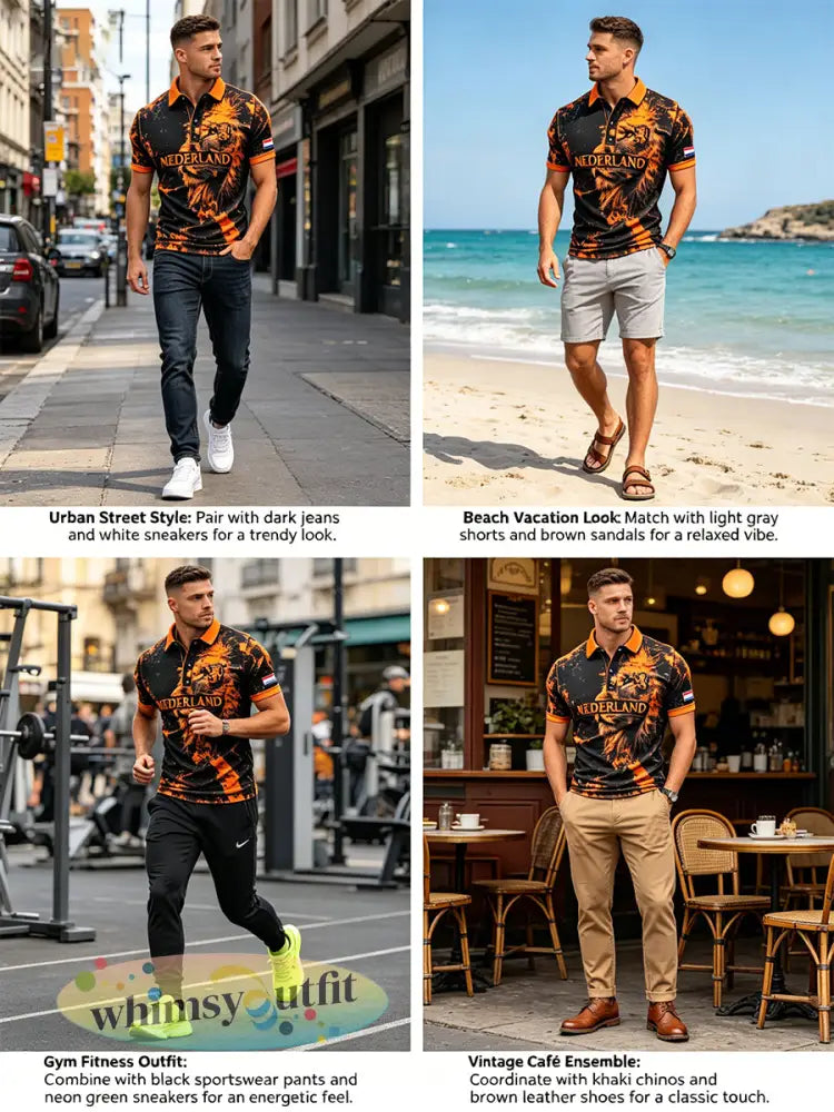 Herenpolo met slijtage-effect en leeuwenprint