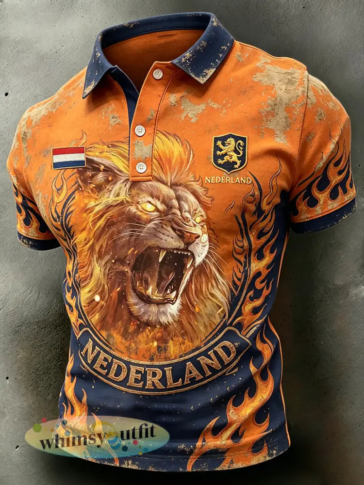 Herenpolo met slijtage-effect en leeuwenprint - A / S
