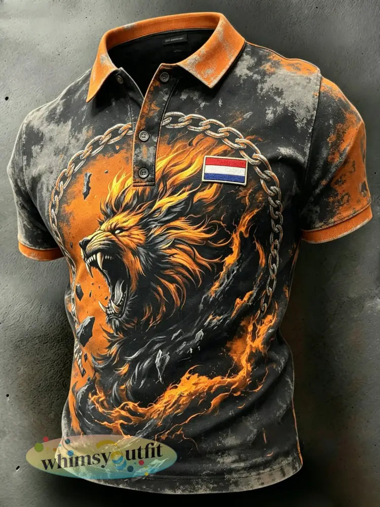 Herenpolo met slijtage-effect en leeuwenprint - A / S