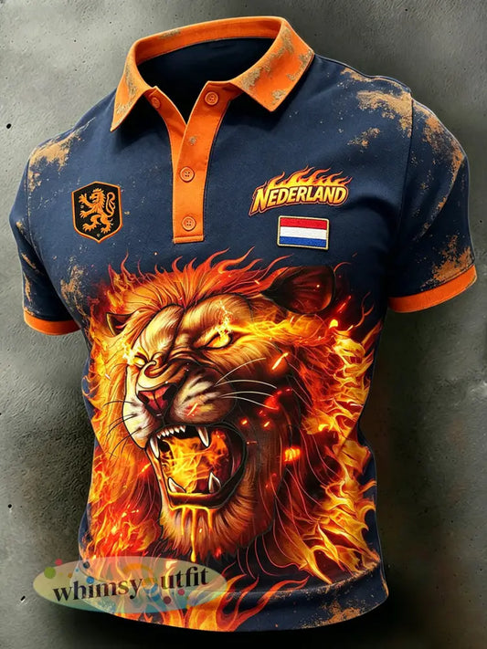 Herenpolo met slijtage-effect en vlam- en leeuwenprint - A / S