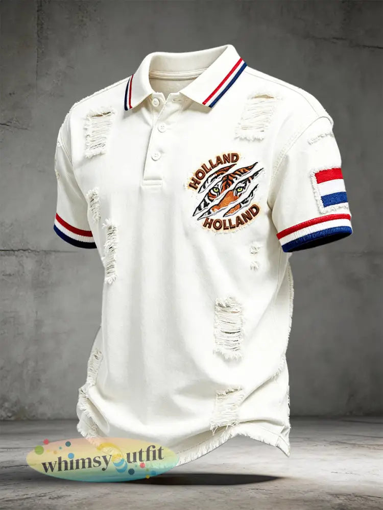 Herenpolo met tijgerprint in vintage distressed-stijl casual - Wit / S