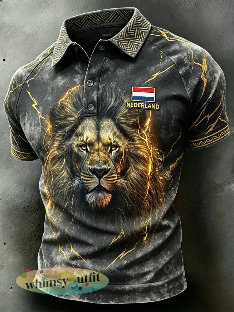 Herenpolo met versleten bliksemschicht- en leeuwenprint en raglanmouwen - A / S
