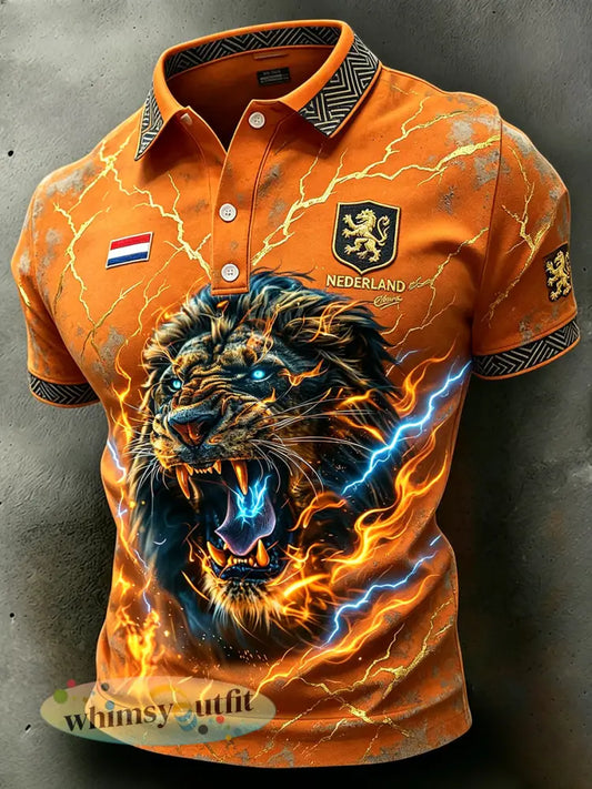 Herenpolo met verweerd bliksemschicht- en leeuwenprint - A / S