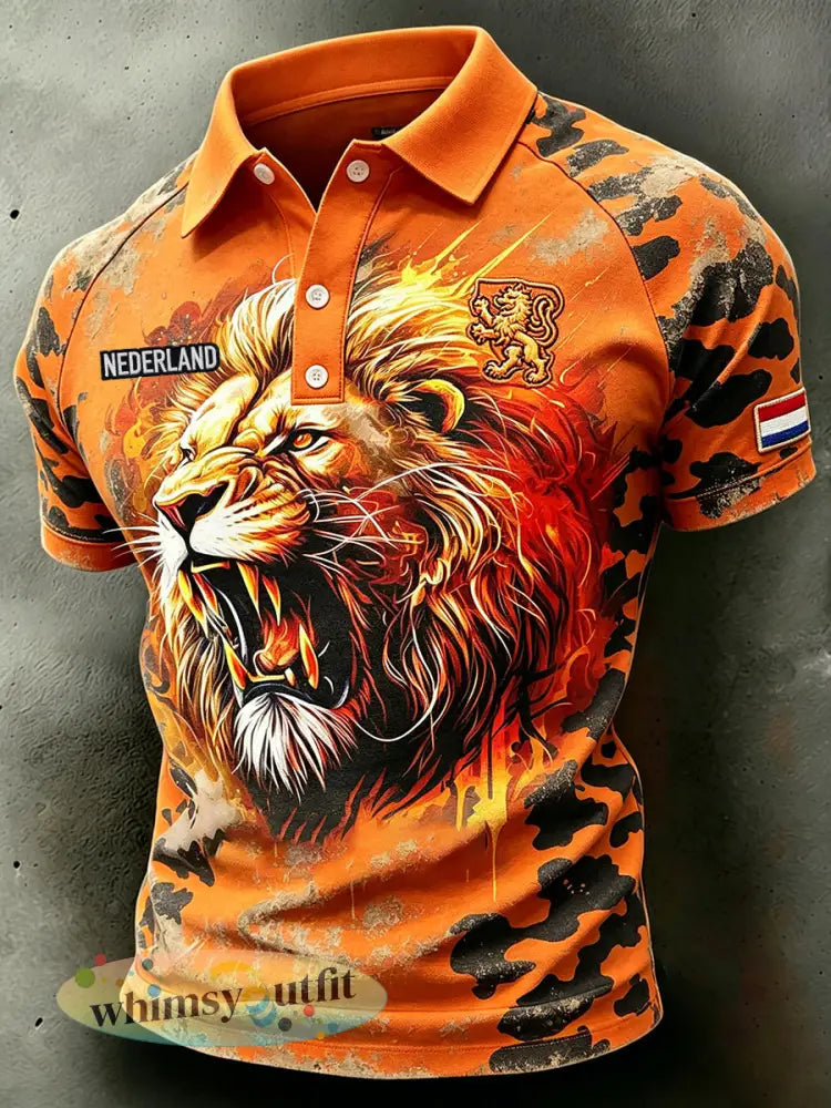 Herenpolo met verweerd camouflagepatroon leeuwenprint en raglanmouwen - A / S
