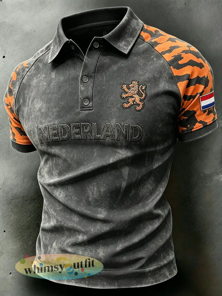 Herenpolo met verweerd camouflagepatroon leeuwenprint en raglanmouwen - A / S