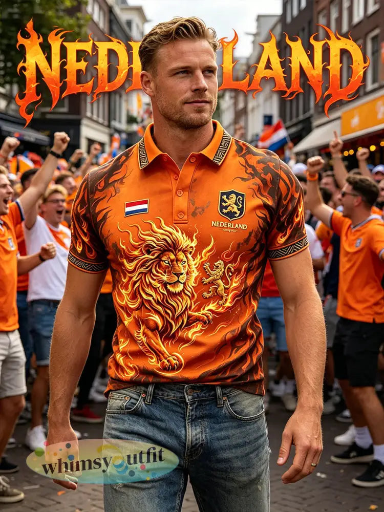 Herenpolo met verweerd vlammen- en leeuwenmotief