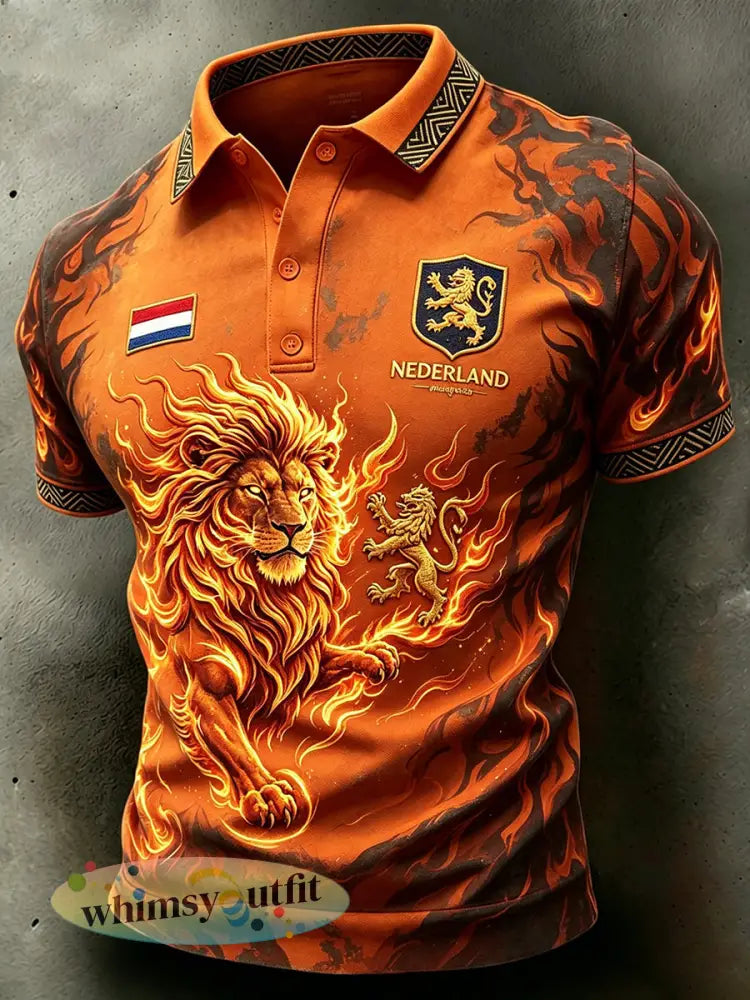 Herenpolo met verweerd vlammen- en leeuwenmotief - A / S