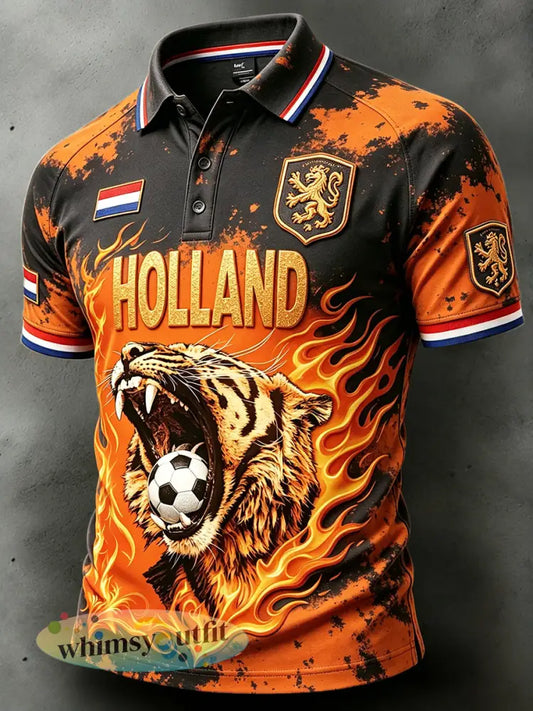 Herenpolo uit 2026 met Nederlandse voetbal- en tijderprint casual stijl - Sinaasappel / S