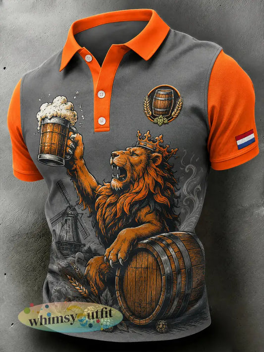 Herenpoloshirt in retrostijl met korte mouwen en print van een leeuw en bier - A / S