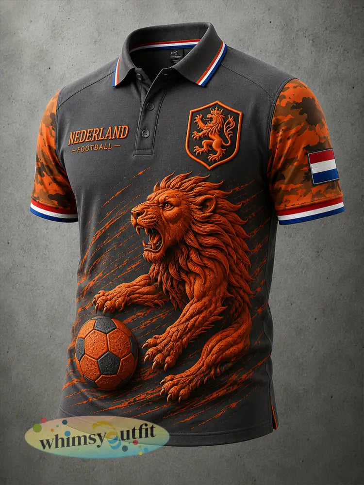 Herenpoloshirt met camouflage leeuwen- en voetbalprint en korte mouwen - A / S