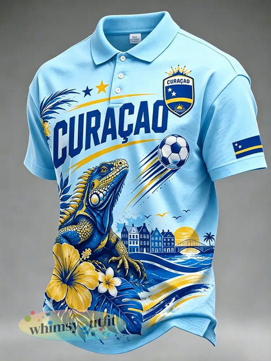 Herenpoloshirt met korte mouwen en een print met eilandbloemen en voetbalelementen - A / S