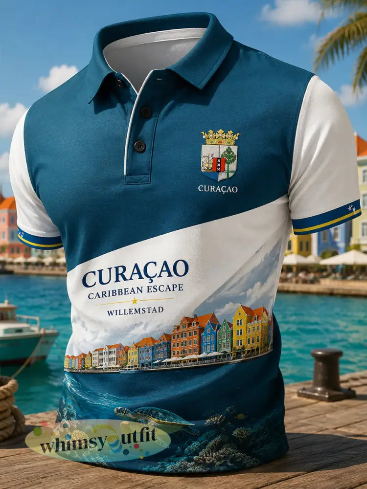 Herenpoloshirt met korte mouwen en een print met eilandvakantie-thema - A / S