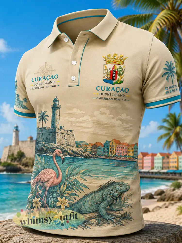 Herenpoloshirt met korte mouwen en een print met eilandvakantie-thema - A / S