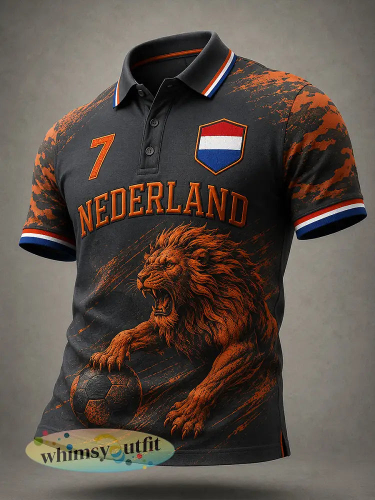 Herenpoloshirt met korte mouwen en print van een leeuw en voetbal - A / S